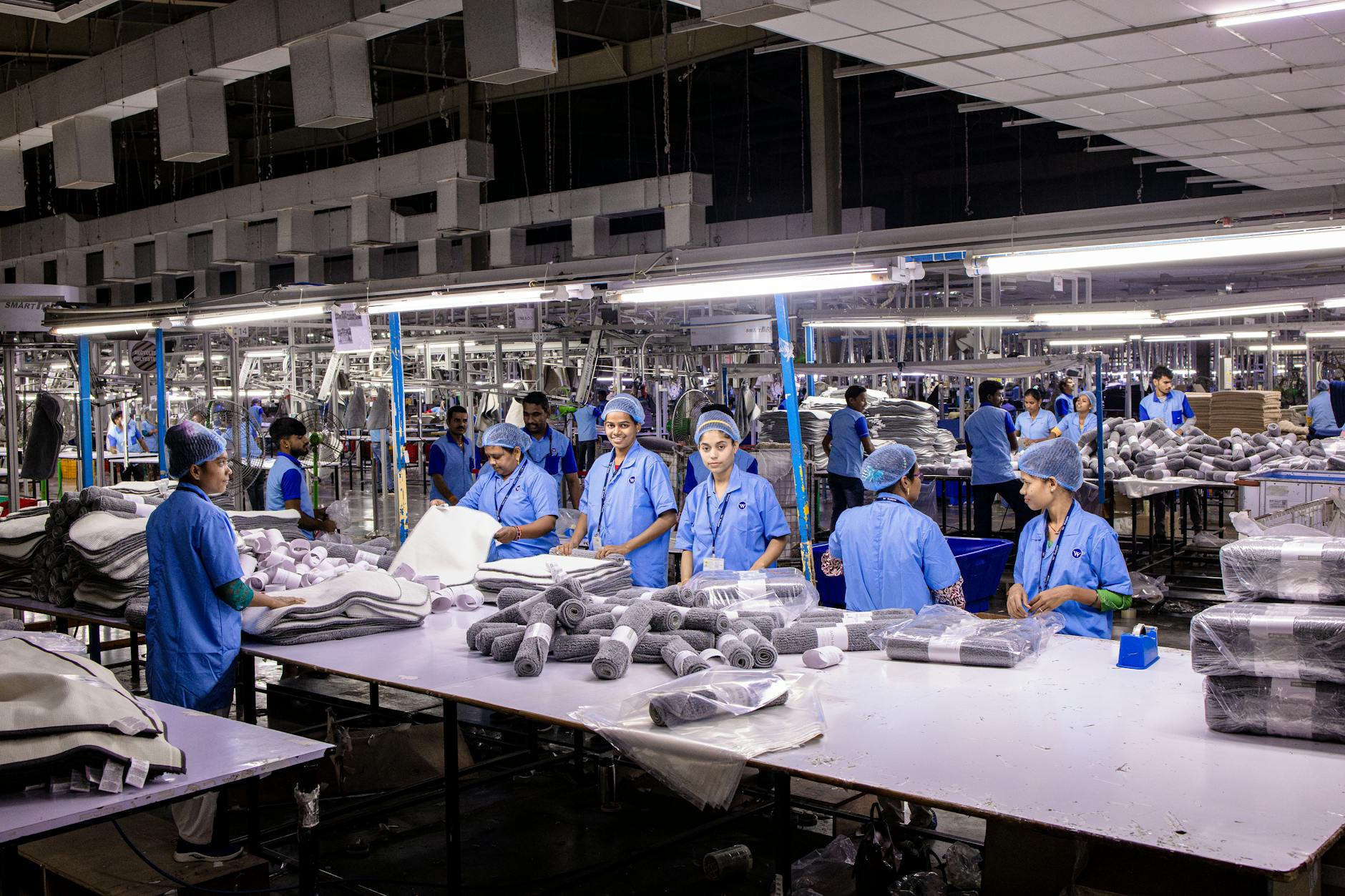 Modern automotive assembly line with robotic equipment and production machinery