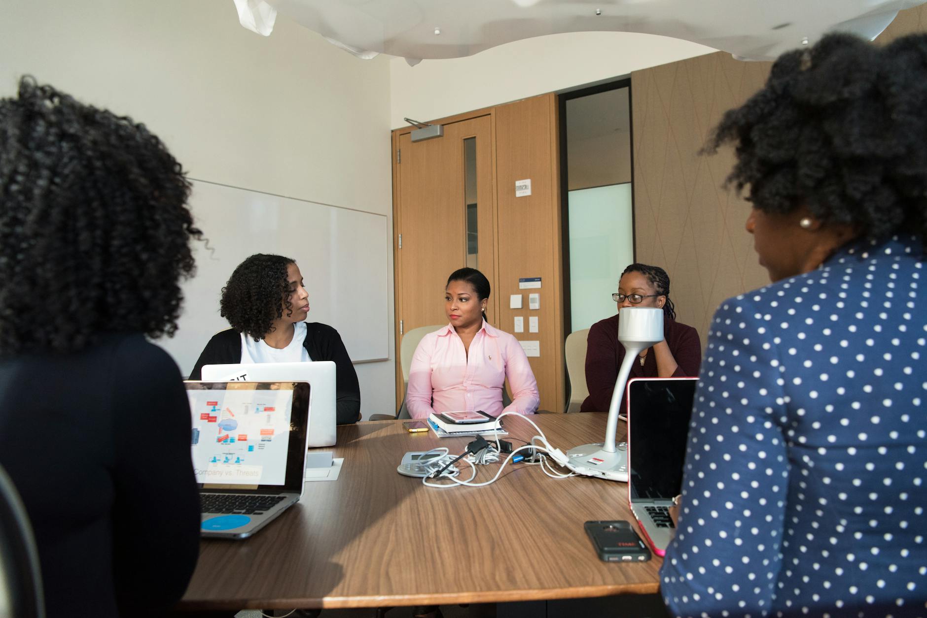 Business professionals discussing investment strategies around conference table