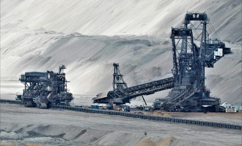 Heavy mining equipment at an industrial lithium extraction site