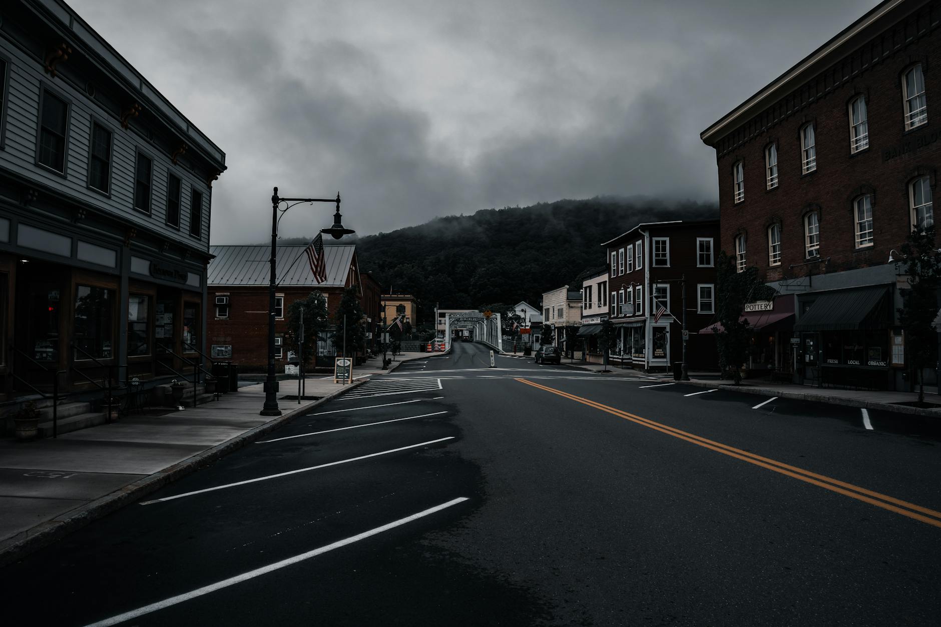 Main street of small American town with local businesses and rural community atmosphere