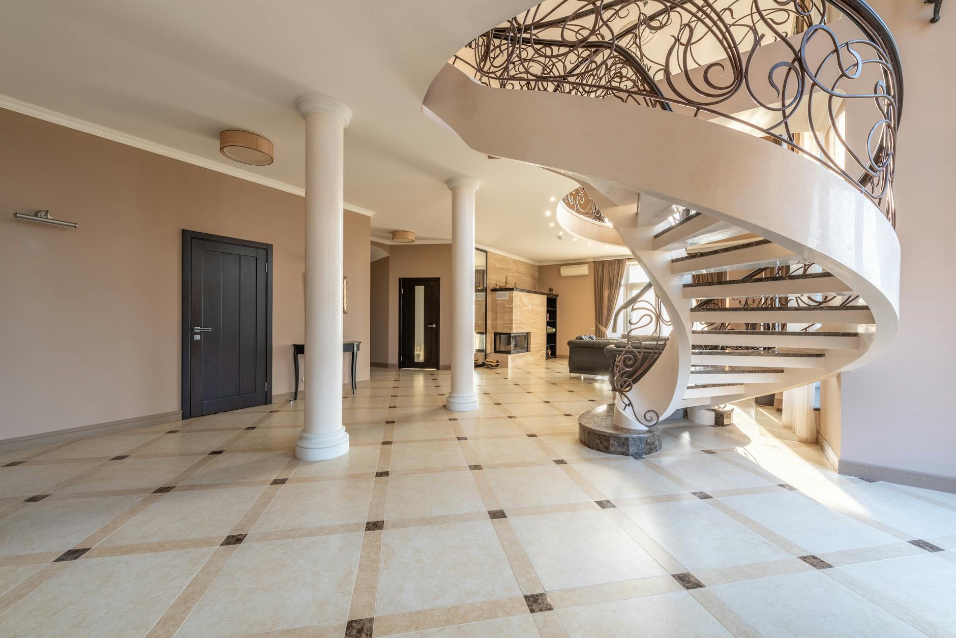 Elegant mansion interior with high ceilings and sophisticated architectural details