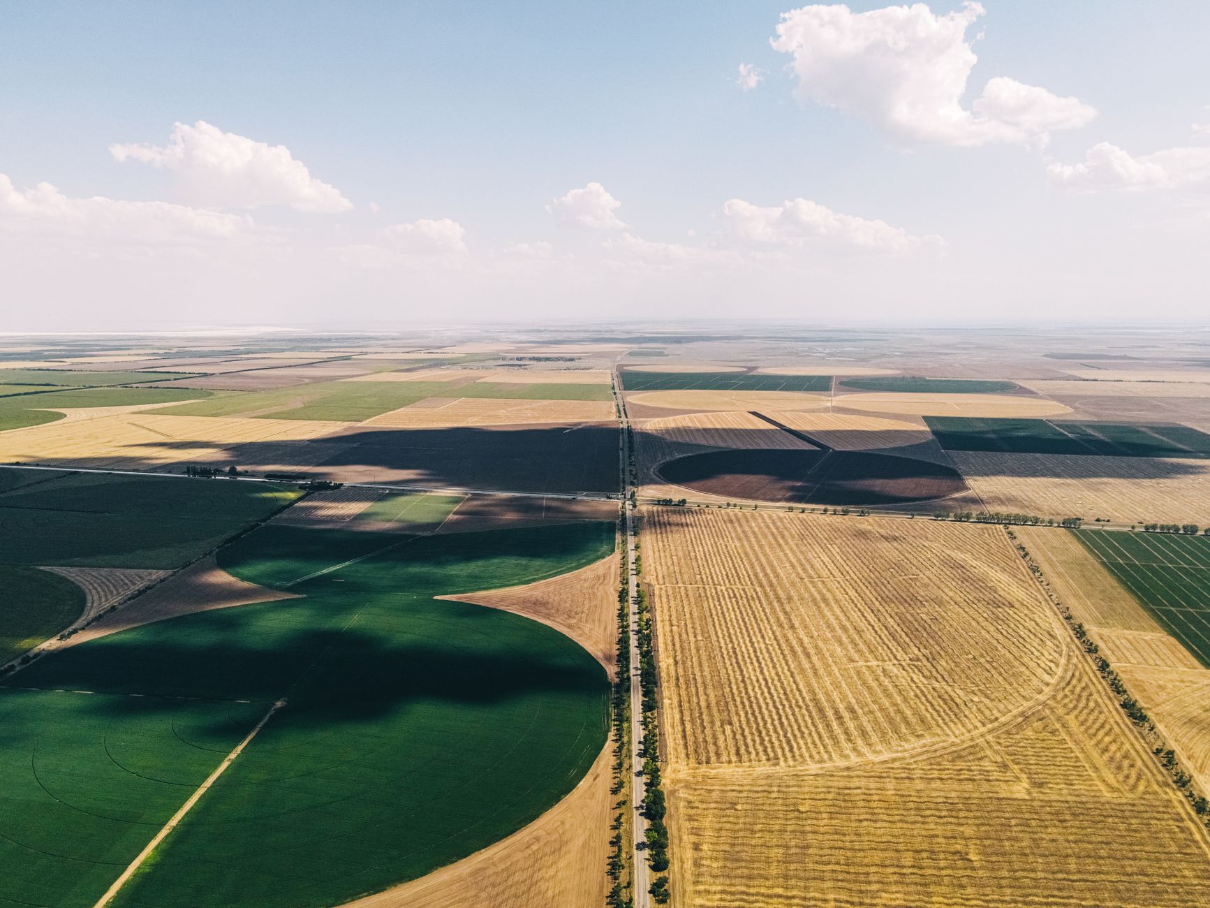 Aerial view of agricultural farmland showing crop rows and field patterns