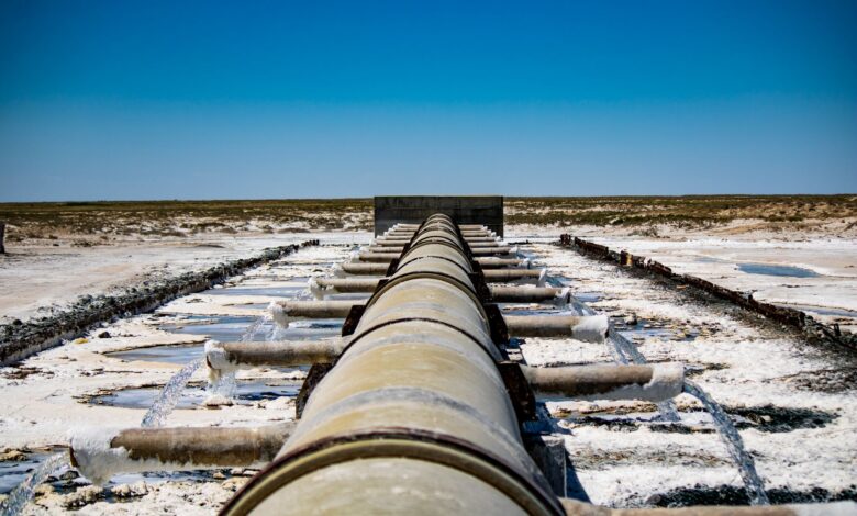 Aerial view of industrial pipeline infrastructure stretching across open terrain