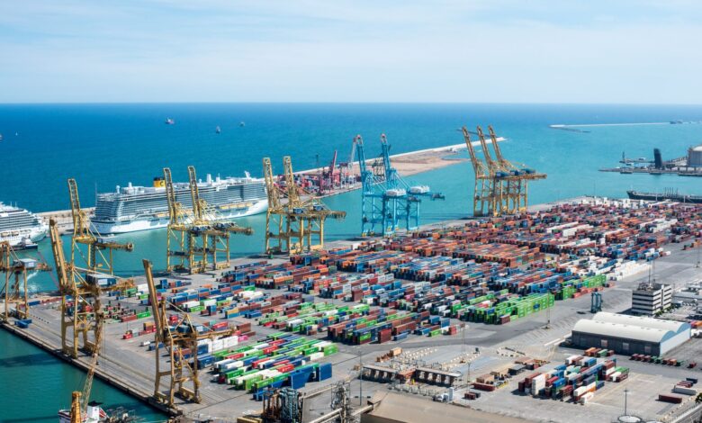 Aerial view of a large commercial seaport with container ships and loading cranes