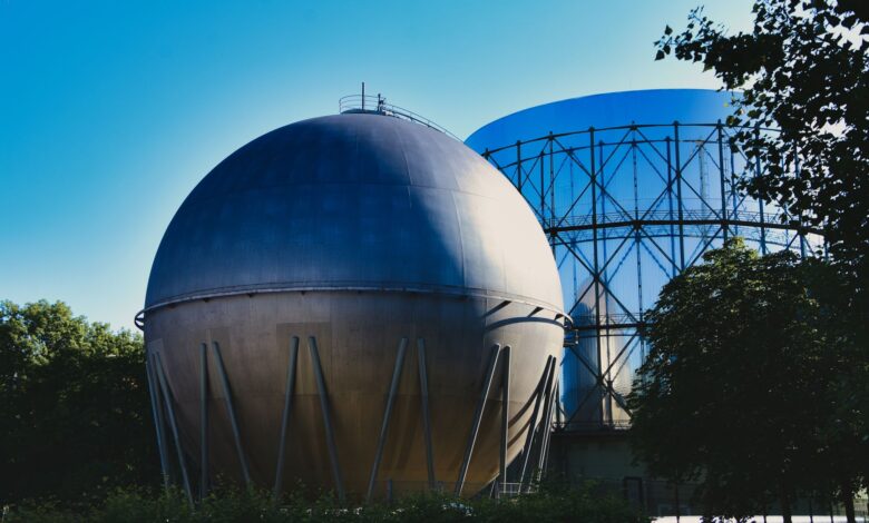 Large liquefied petroleum gas storage tanks at an industrial terminal facility