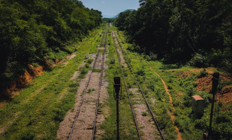 Aerial view of railroad tracks stretching across open countryside