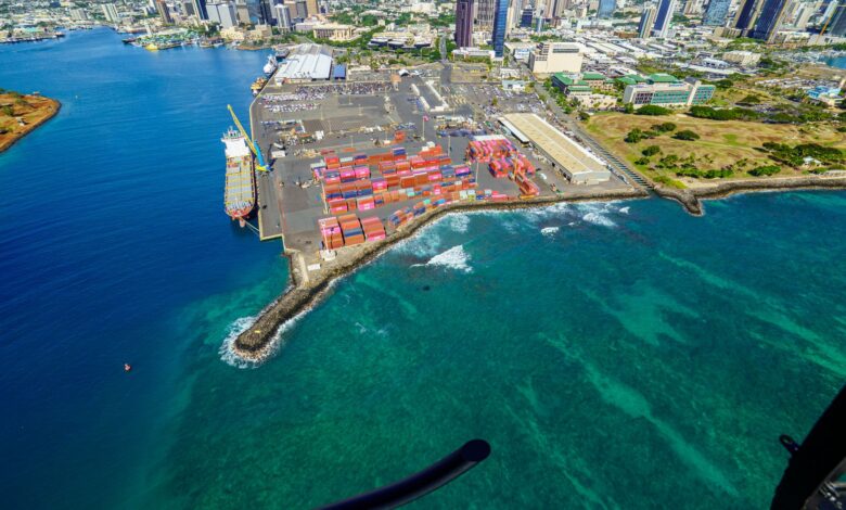 Aerial view of a busy maritime cargo port with container ships and loading cranes
