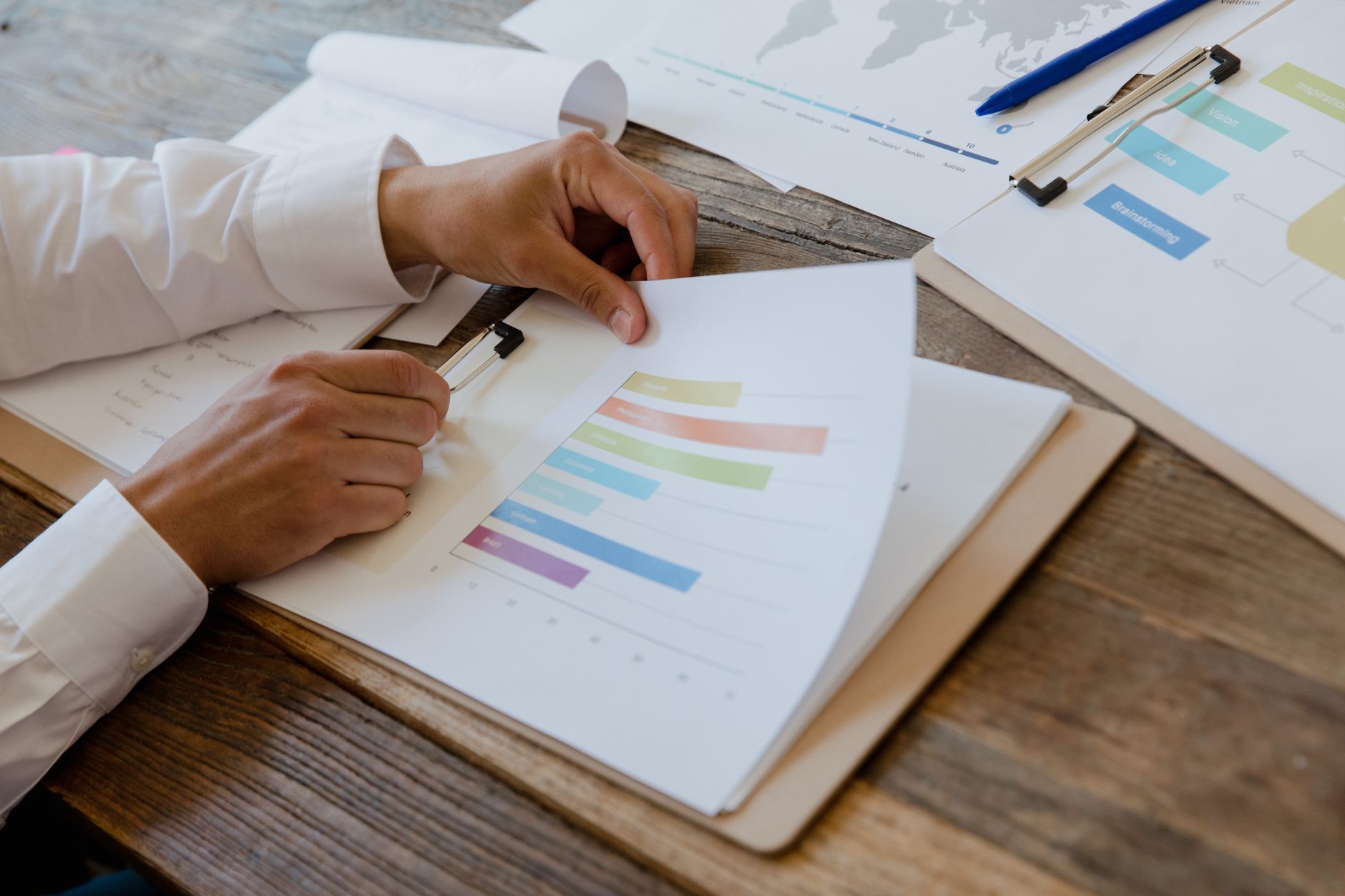 Financial documents and charts spread across a desk during an investment review