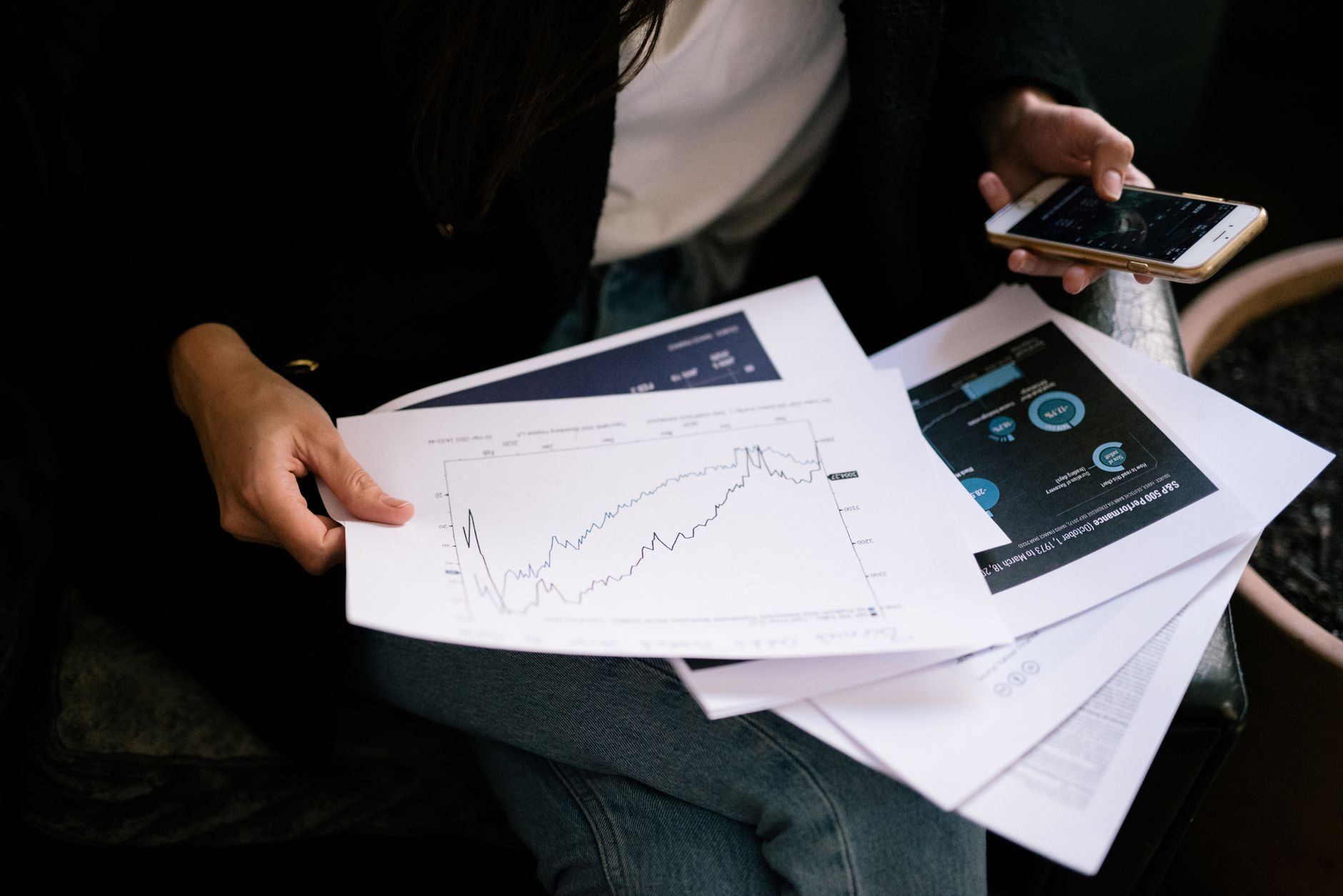 Financial charts and data representing long-term investment portfolio management