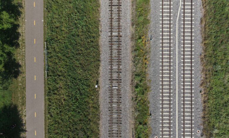 Aerial view of railroad tracks crossing through open countryside