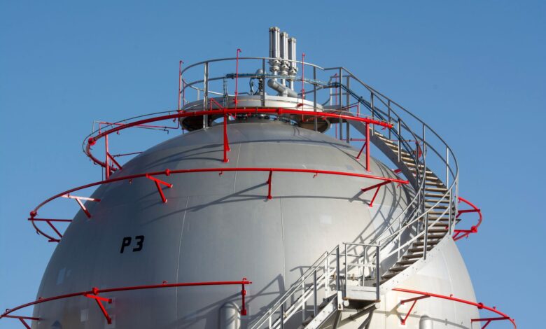 Large propane storage tanks at an industrial terminal facility