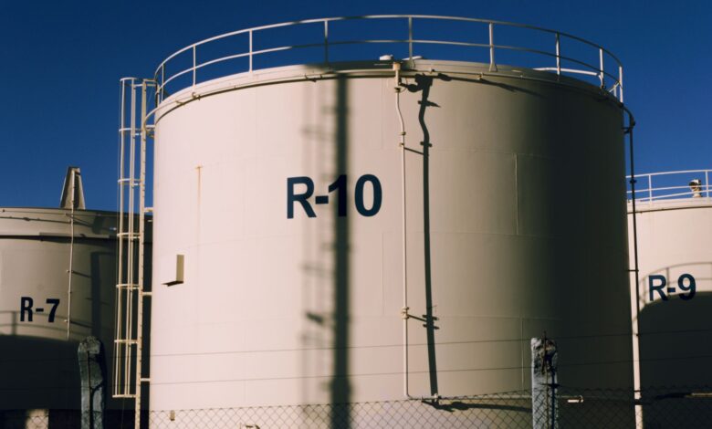 Large industrial storage tanks at a bulk liquid terminal facility